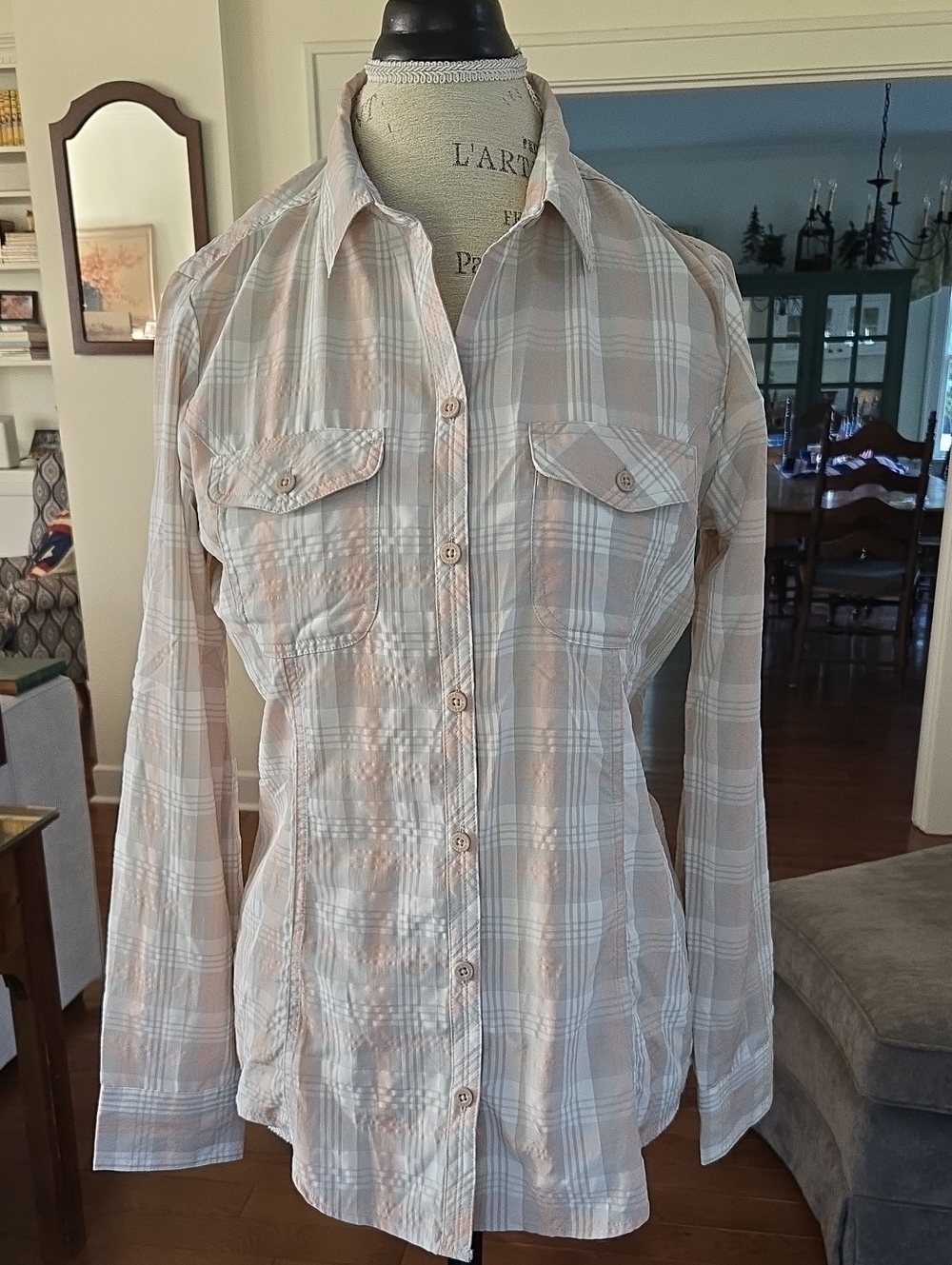 Eddie Bauer Travex Peach and Grey Plaid Button-Down Shirt
